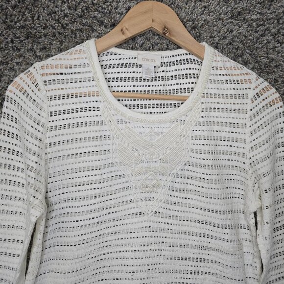 Chicos Top Womens 0 US Small Off White Scoop Neck Beaded Open‎ Knit Blouse - Picture 4 of 8